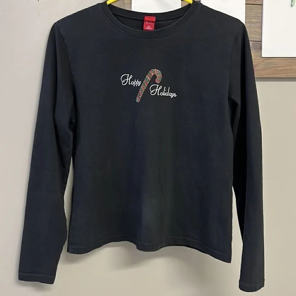 Black Christmas Thin Sweatshirt with Happy Holidays with Metallic Candy Cane- XL